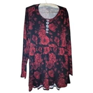Torrid 00 Black & Red Rose Long Sleeved Top L 1X 0X Goth Whimsigoth